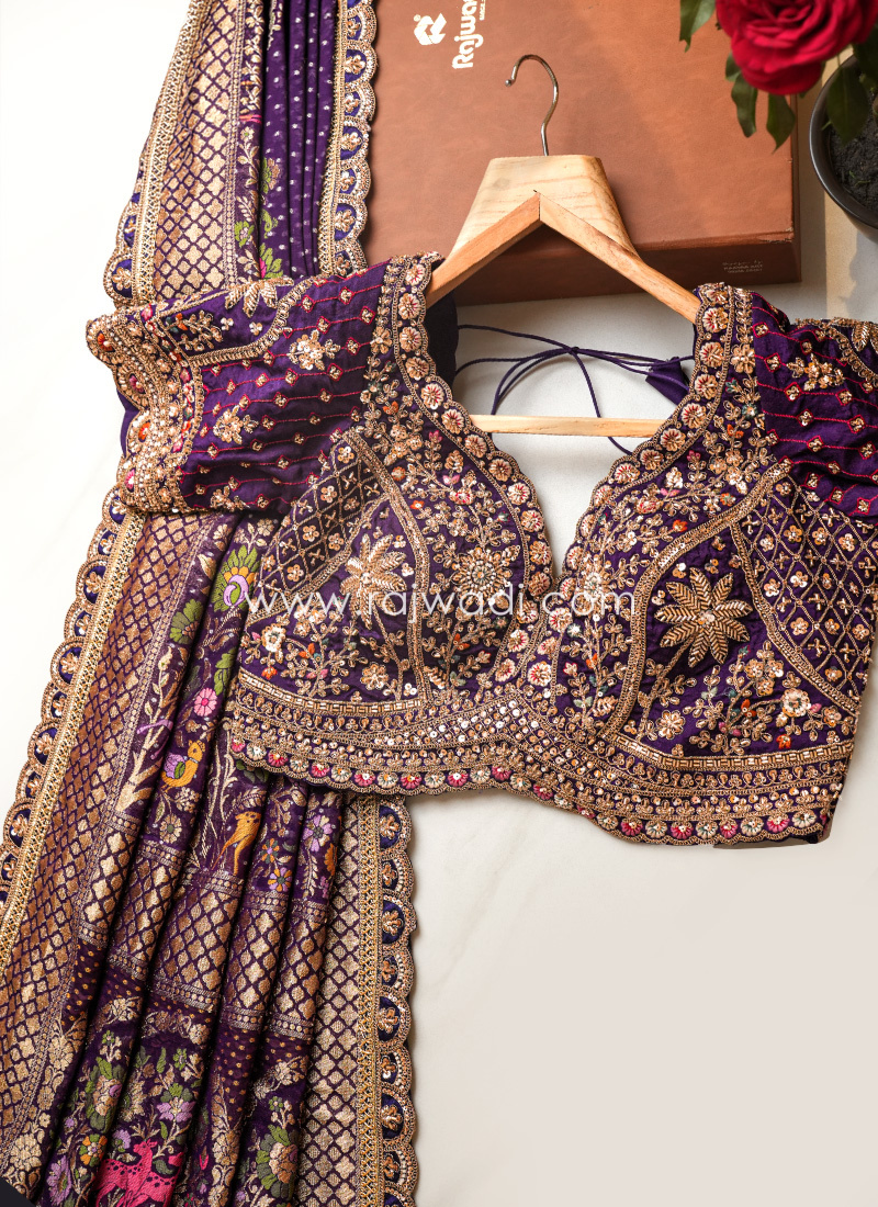 Purple Color Embroidered Silk Saree With Readymade Choli