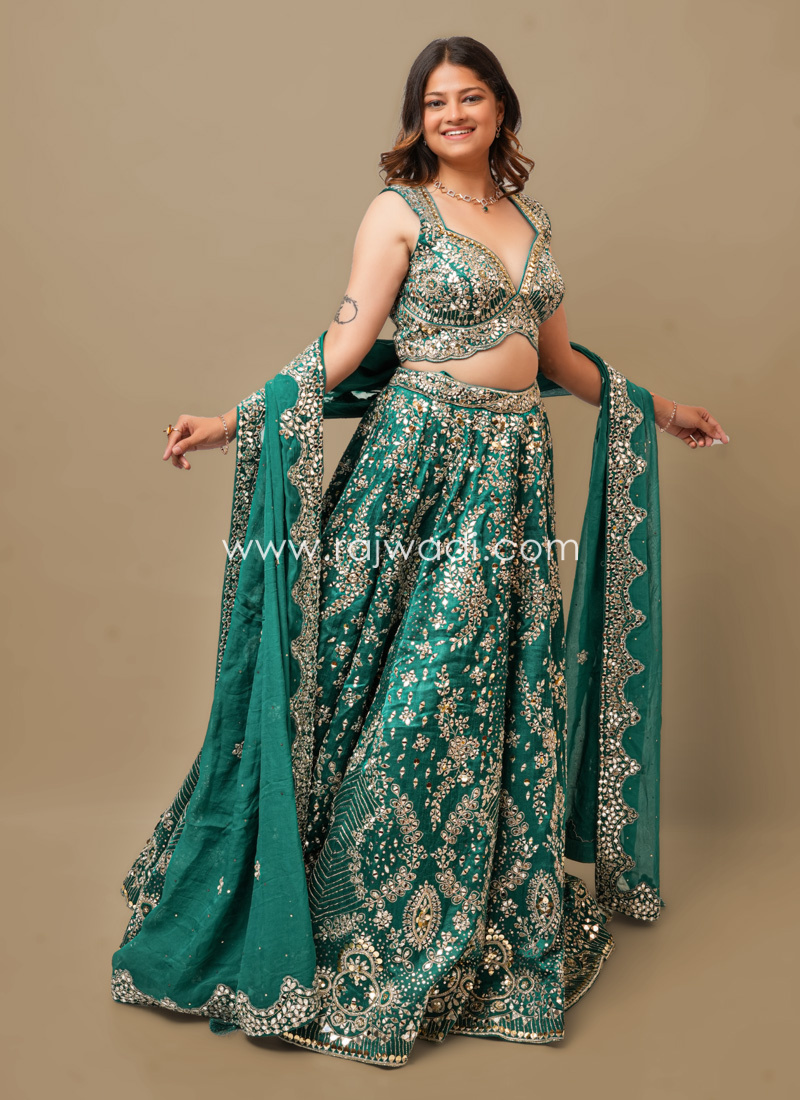 Rama Green Embroidered Raw Silk Lehenga Choli