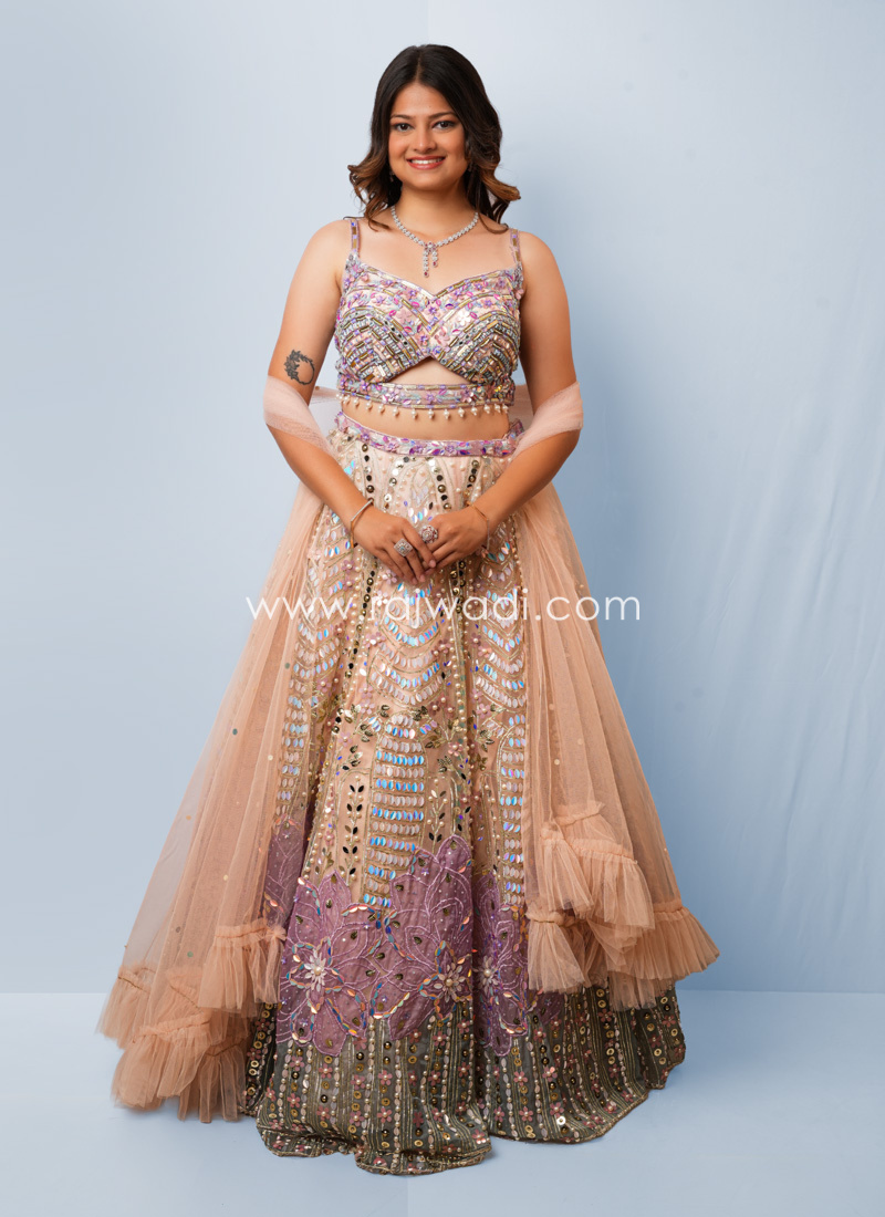 Peach And Multicolor Embroidered Net Lehenga Choli