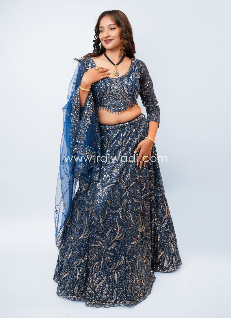 Blue Embroidered Net Lehenga Choli