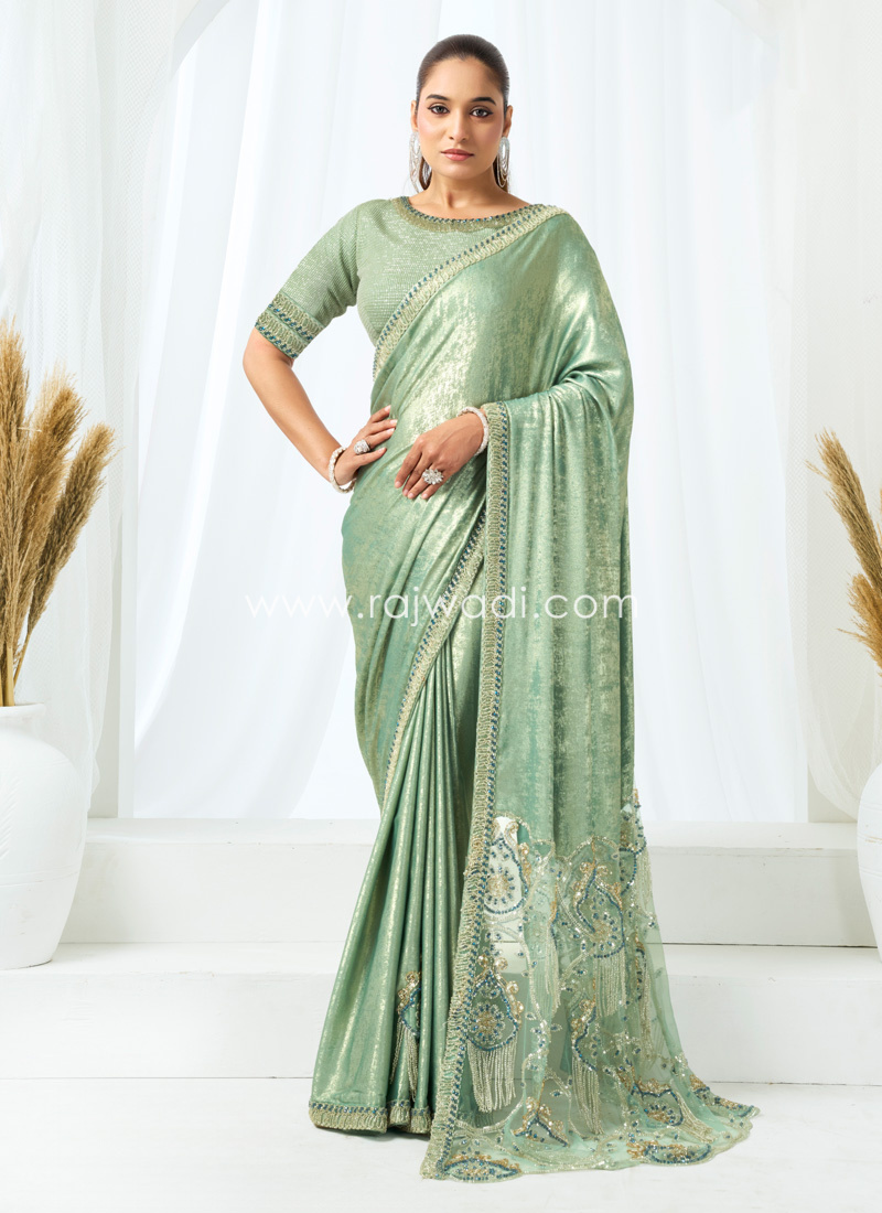 Pista Green Embroidered Satin Silk Saree