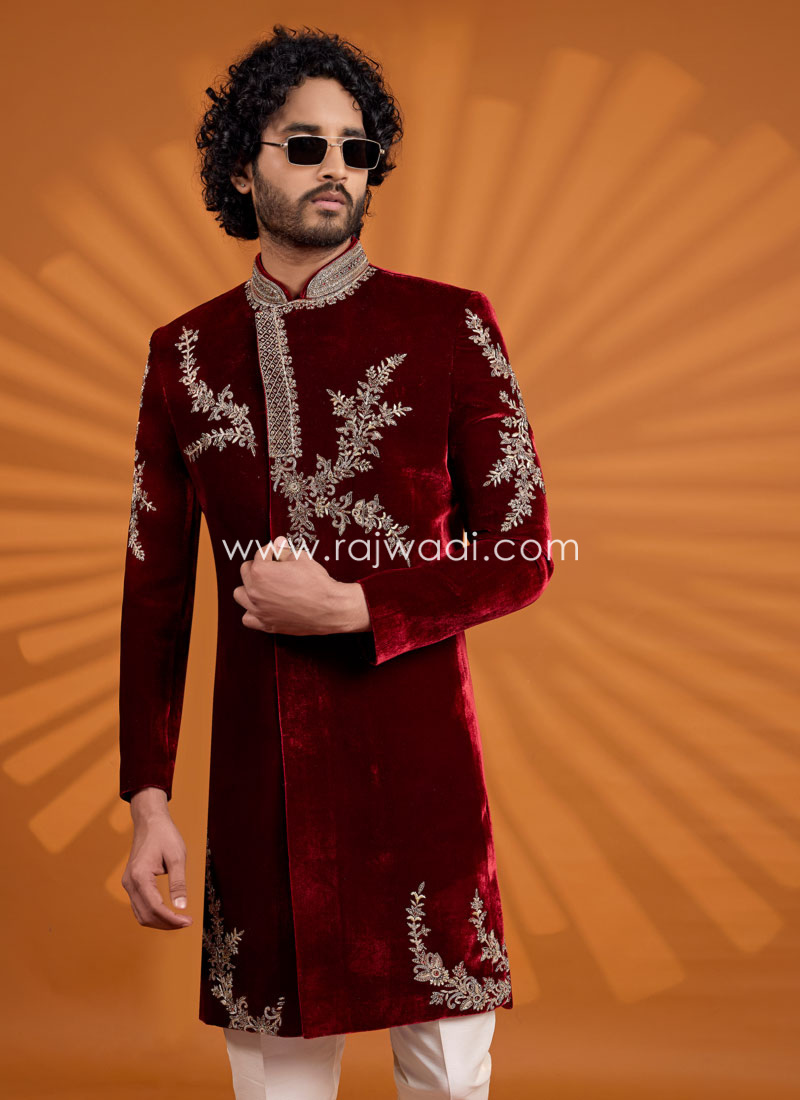 Maroon Velevt Embroidered Indowestern Set For Men