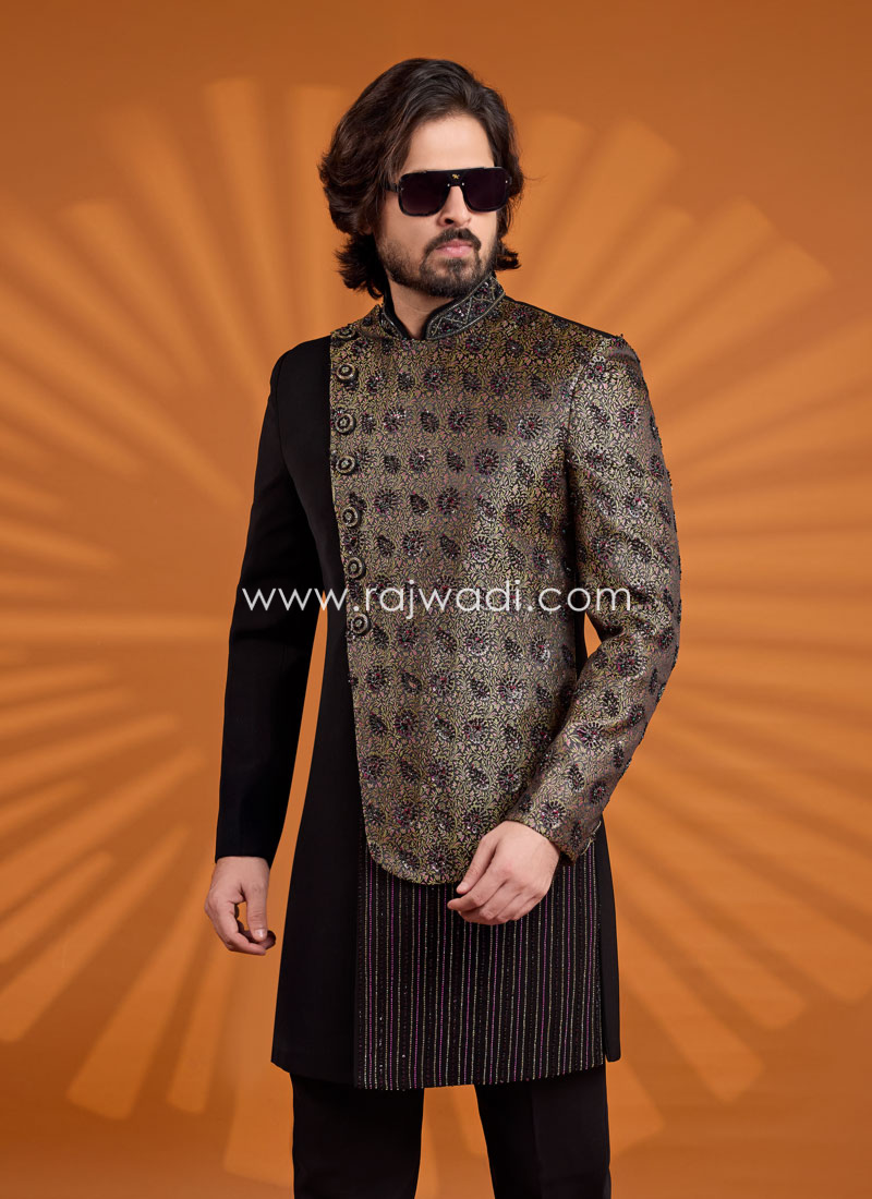 Black Jacquard Silk Indo Western Set With Designer Asymmetrical Pattern