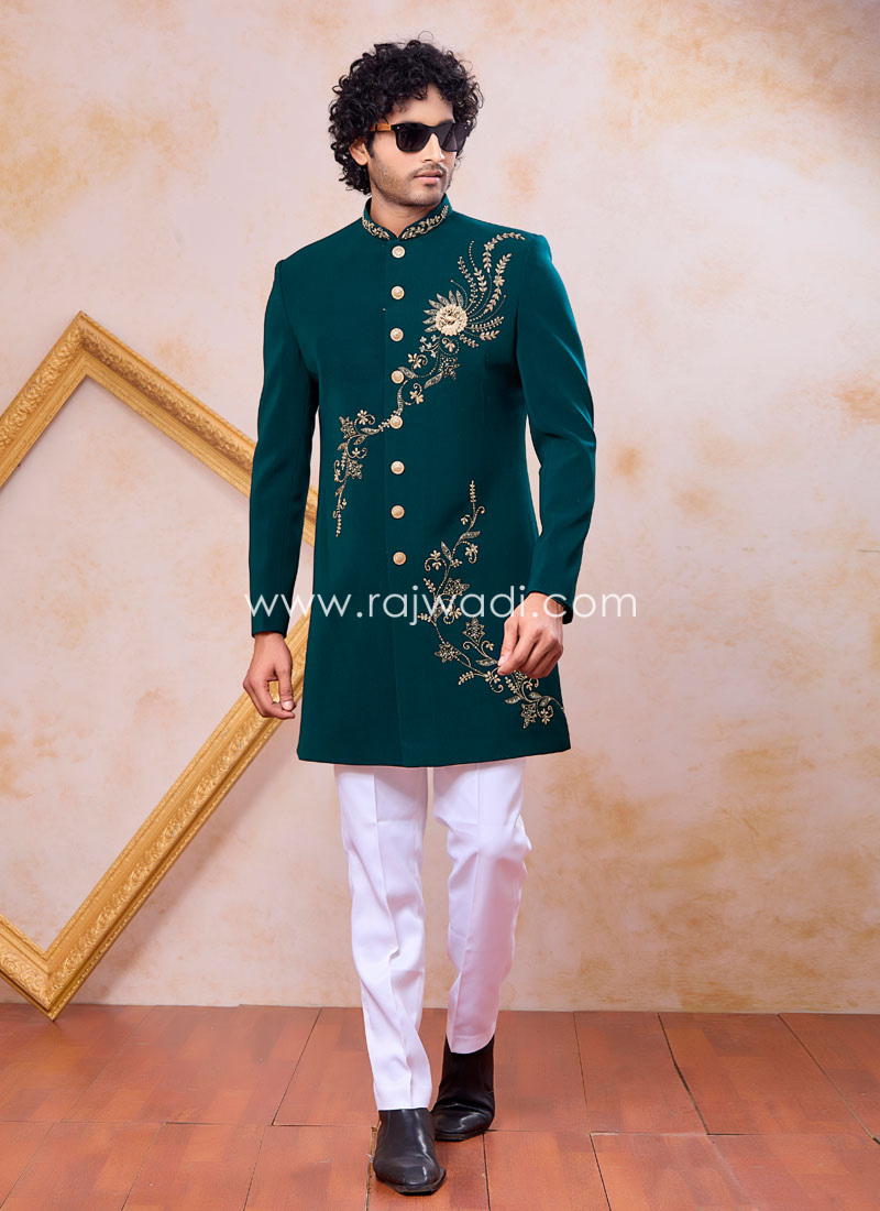 Teal Green Embroidered Indowestern Set