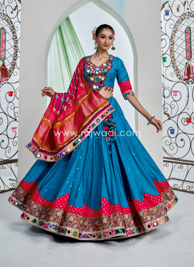 Blue Satin Silk Embroidered Chaniya Choli