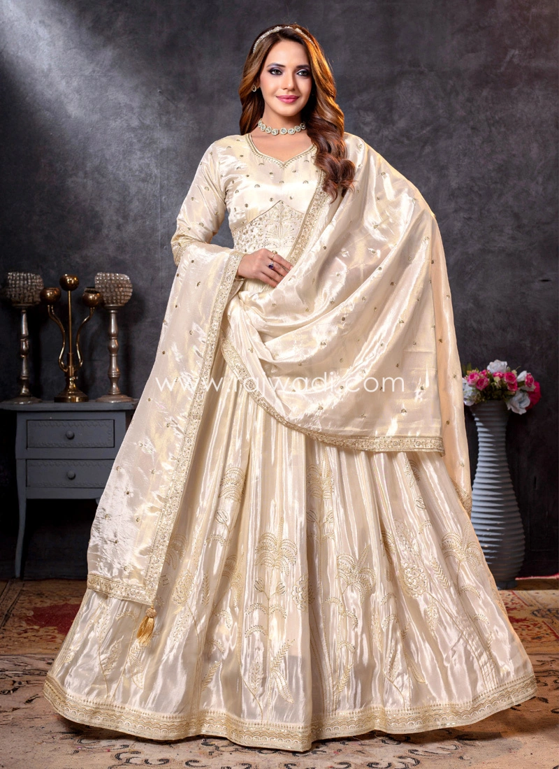 cream colour anarkali dress Cream tissue silk anarkali suit for women