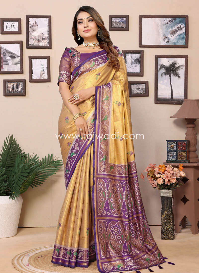 Dark Cream Silk Designer Saree With Contrast Blouse Material
