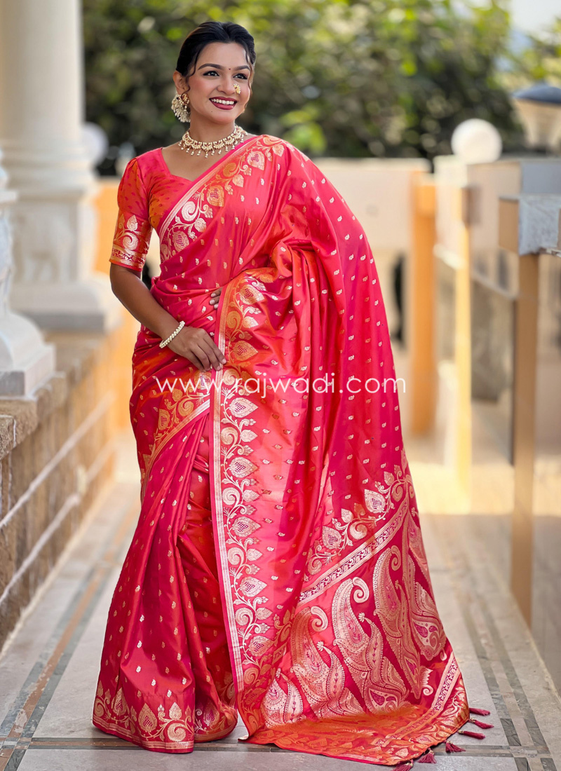 Dark Peach Banarasi Silk Woven Saree