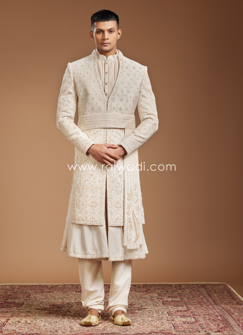 Designer Heavy Embroidered Cream Silk Sherwani With Belt