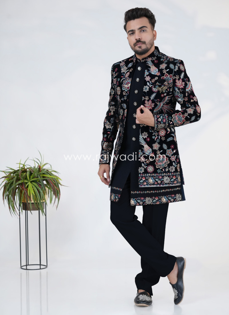 Elegant Navy Blue Velvet Thread Embroidered Jacket Style Indowestern Set