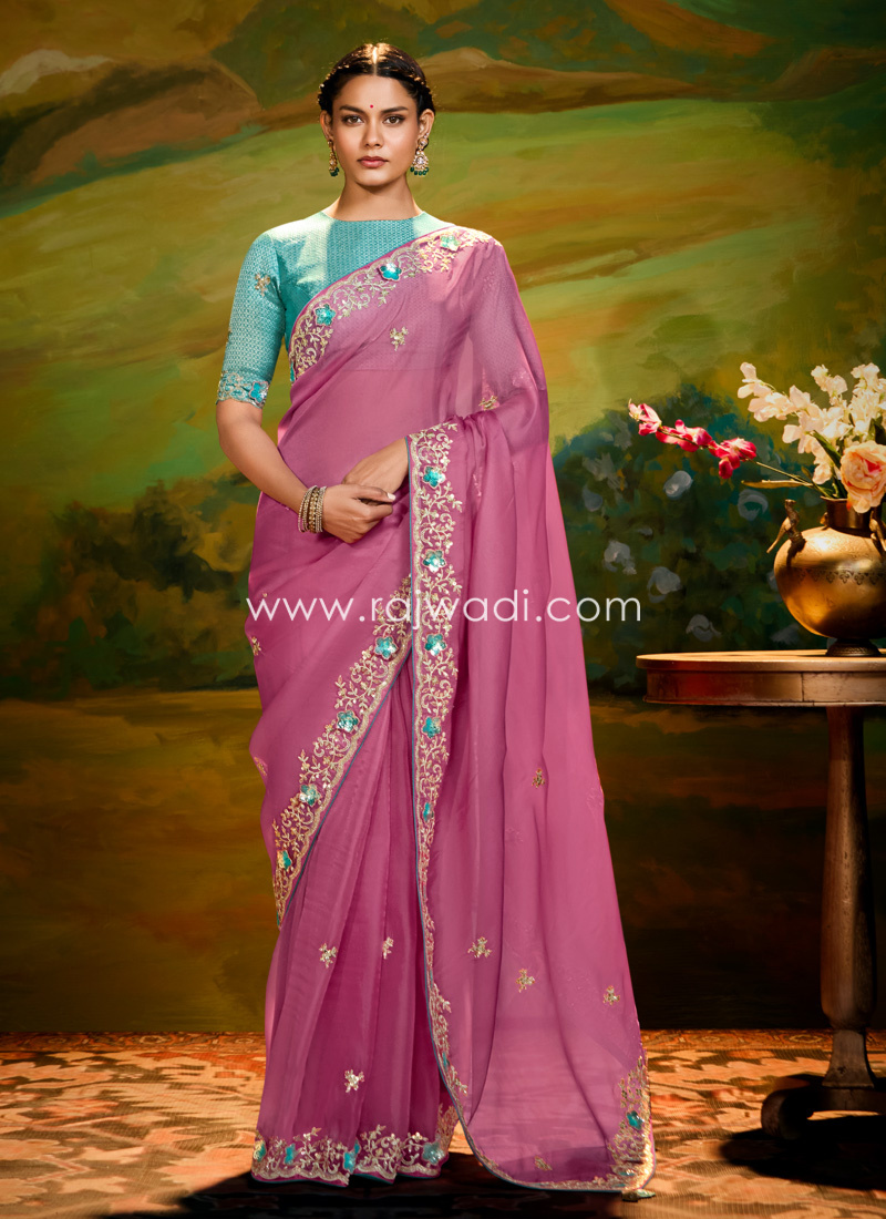 Festive Wear Organza Silk Pink Saree With Contrast Blouse
