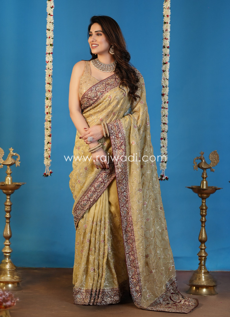 Golden Embroidered Shimmer Chiffon Wedding Saree