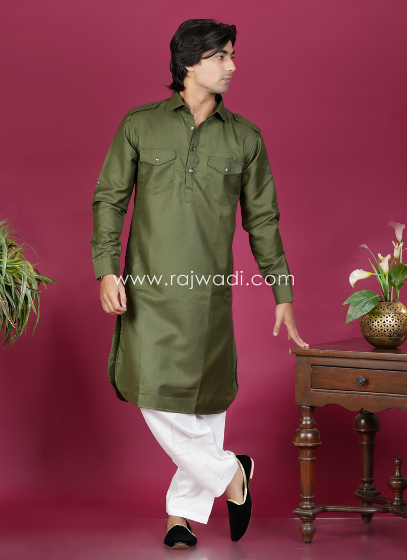 Mehndi Green Readymade Pathani Suit For Festive