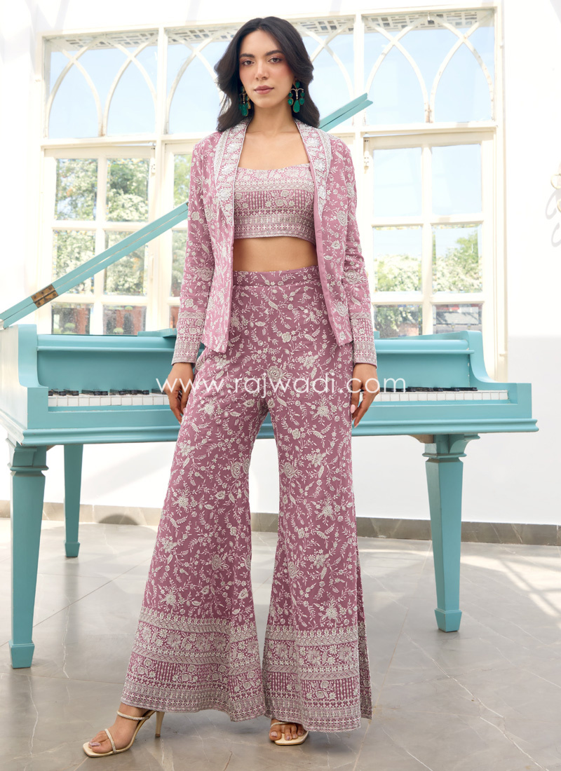 Onion Pink Embroidered Palazzo Suit With Jacket And Dupatta
