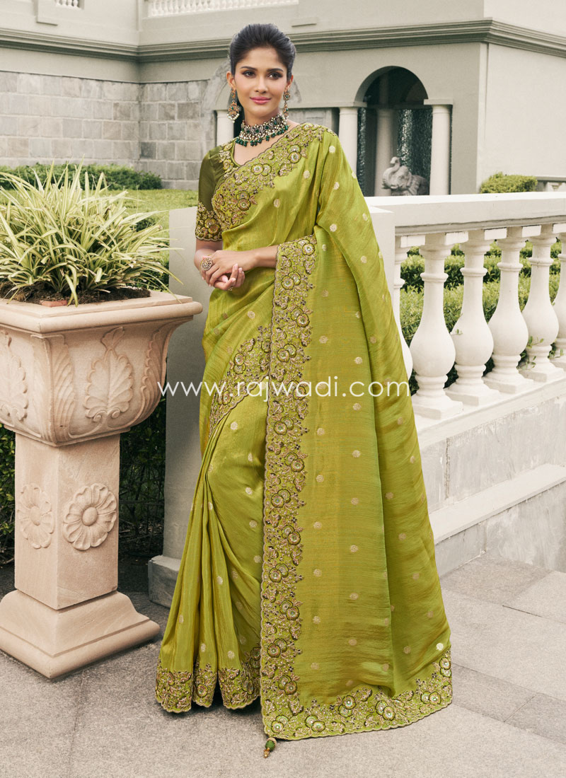 Parrot Green Embroidered Tissue Silk Wedding Saree