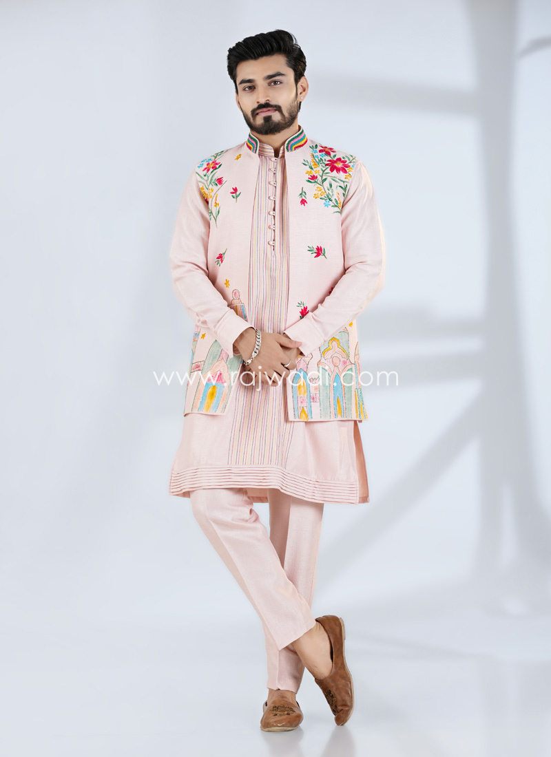 Pink Silk Printed Nehru Jacket Set