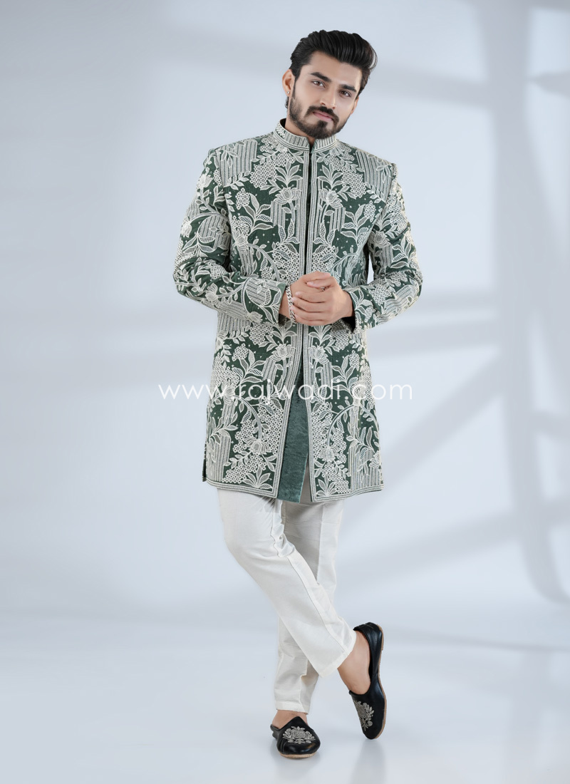 Pista Green Thread Embroidered Velvet Indowestern Set