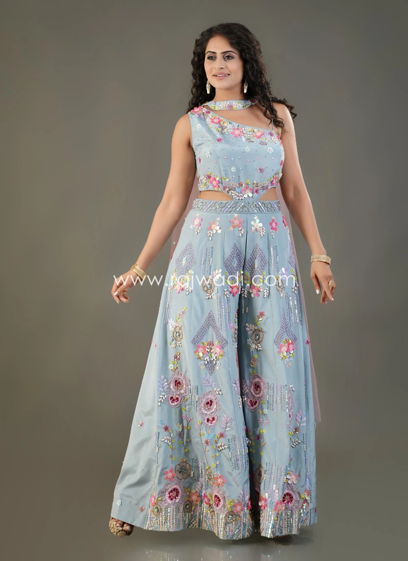 Sky Blue Art Silk Embroidered Jumpsuit For Wedding